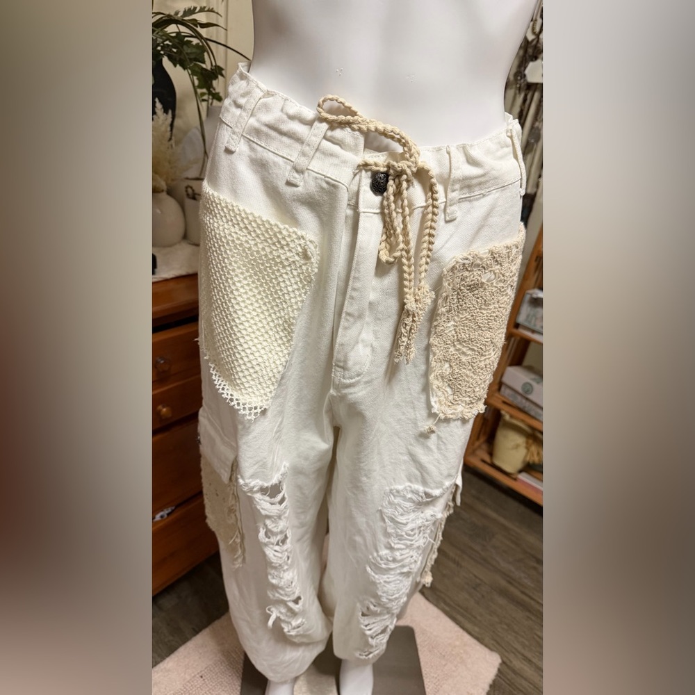 Cream Distressed Cargo Pants by POL hoodie and photo also listed in my closet - Picture 1 of 15